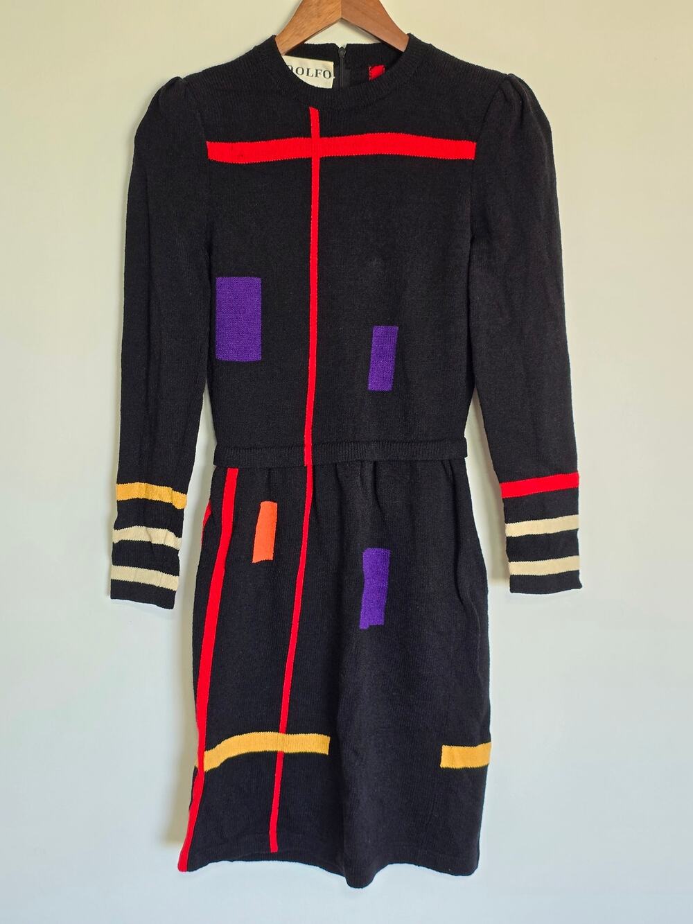Vintage 1980s Adolfo Neiman Marcus Geometric Wool Knit Sweater Dress Size: S